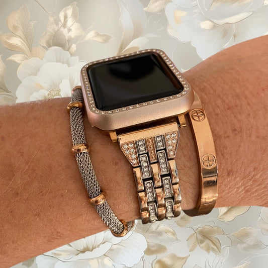 Stackable Rose Gold-Silver Bling Apple Watch Bands For all Sizes and Series Apple Watches With Silver-Rose Gold Bracelet