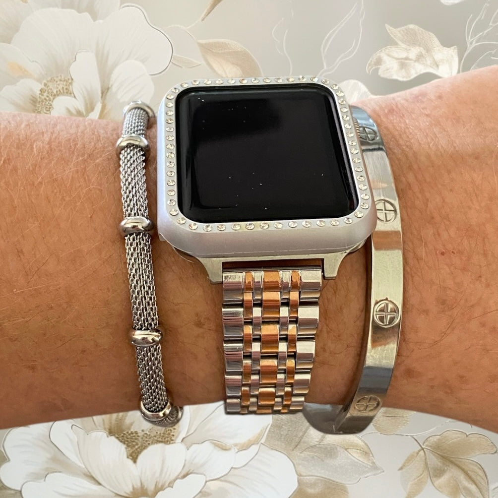 Stackable Silver-Rose Gold Stainless Apple Watch Bands For all Sizes and Series Apple Watches With Silver Bracelets