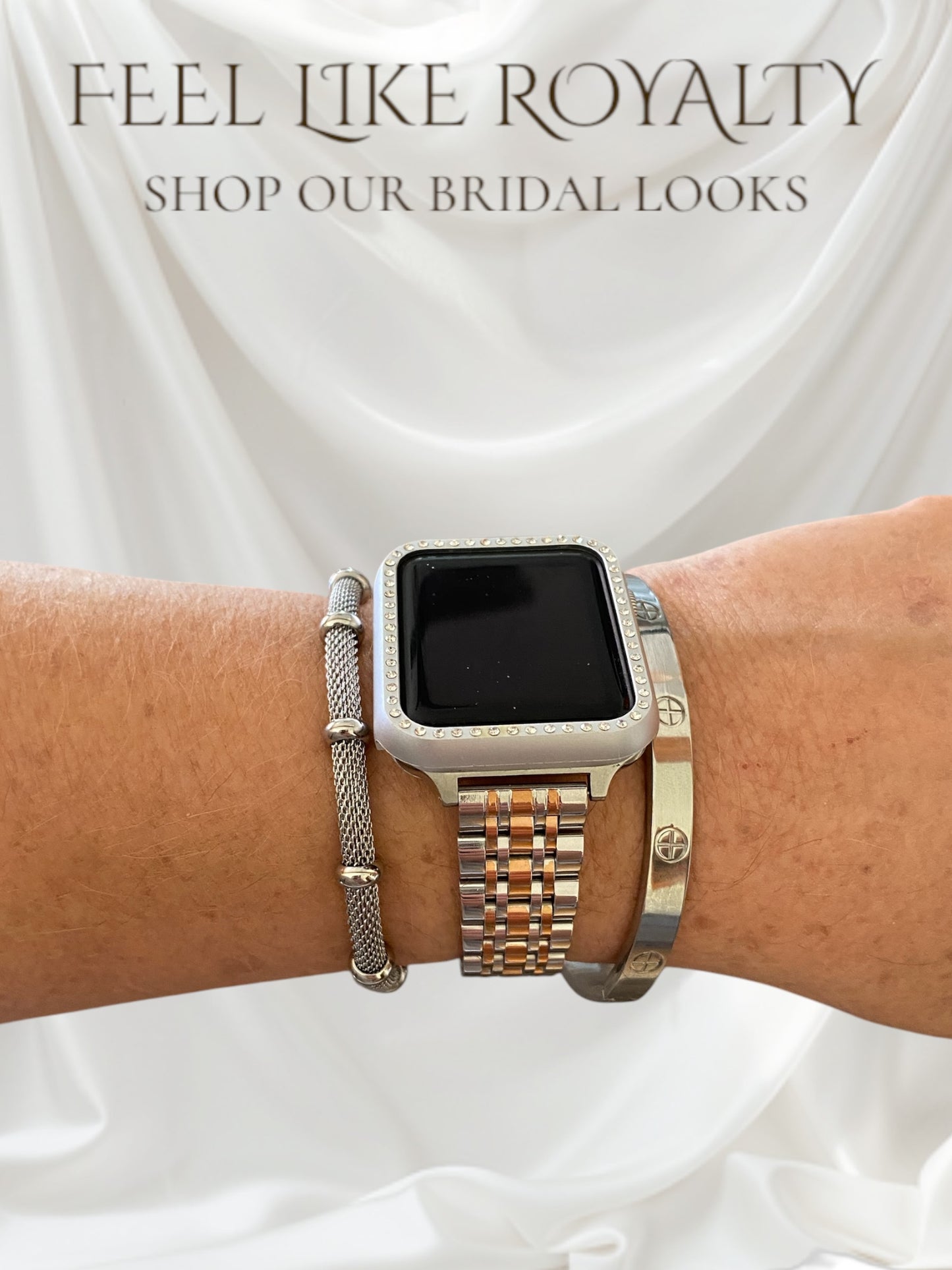 Stackable Silver-Rose Gold Stainless Apple Watch Bands For all Sizes and Series Apple Watches With Silver Bracelets