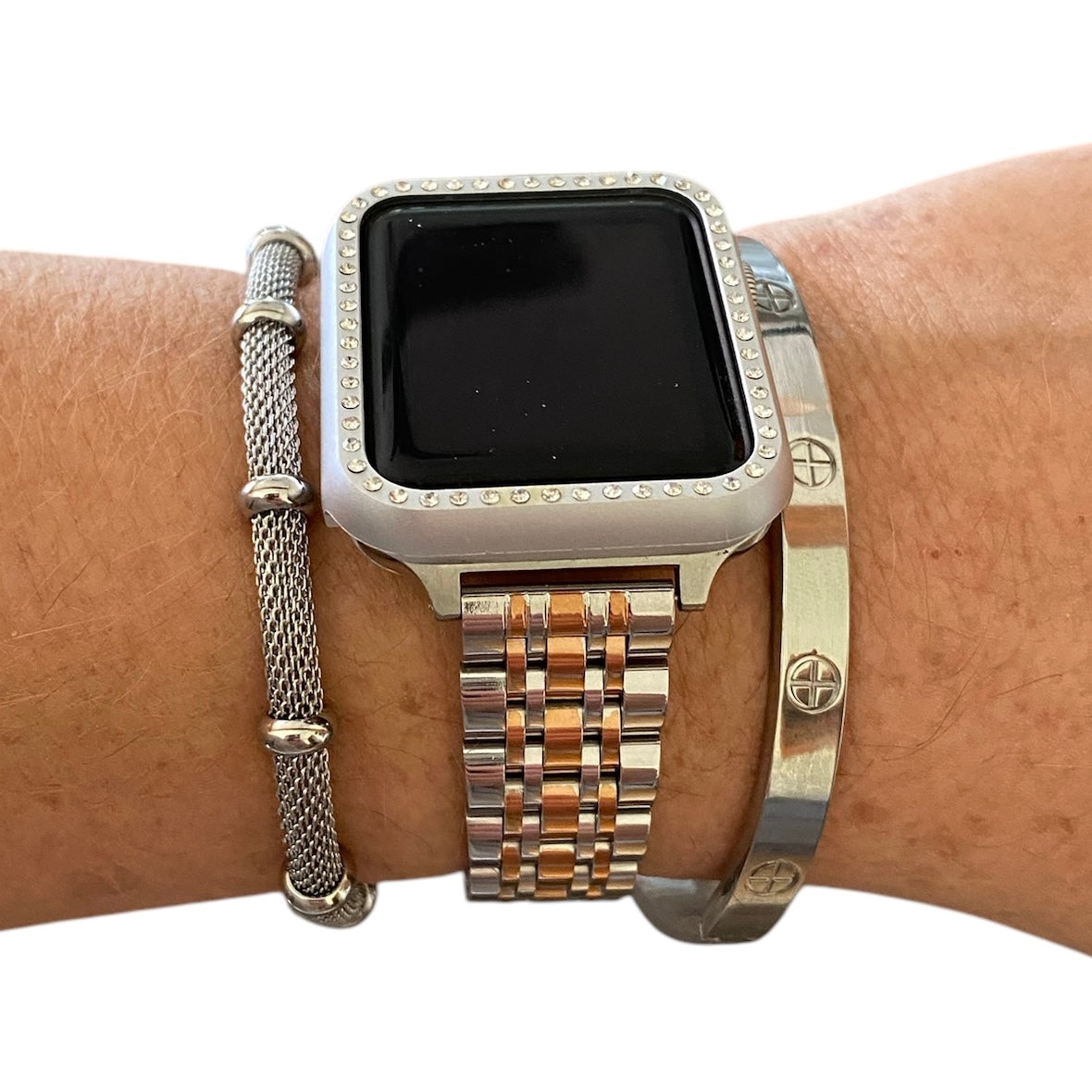 Stackable Silver-Rose Gold Stainless Apple Watch Bands For all Sizes and Series Apple Watches With Silver Bracelets