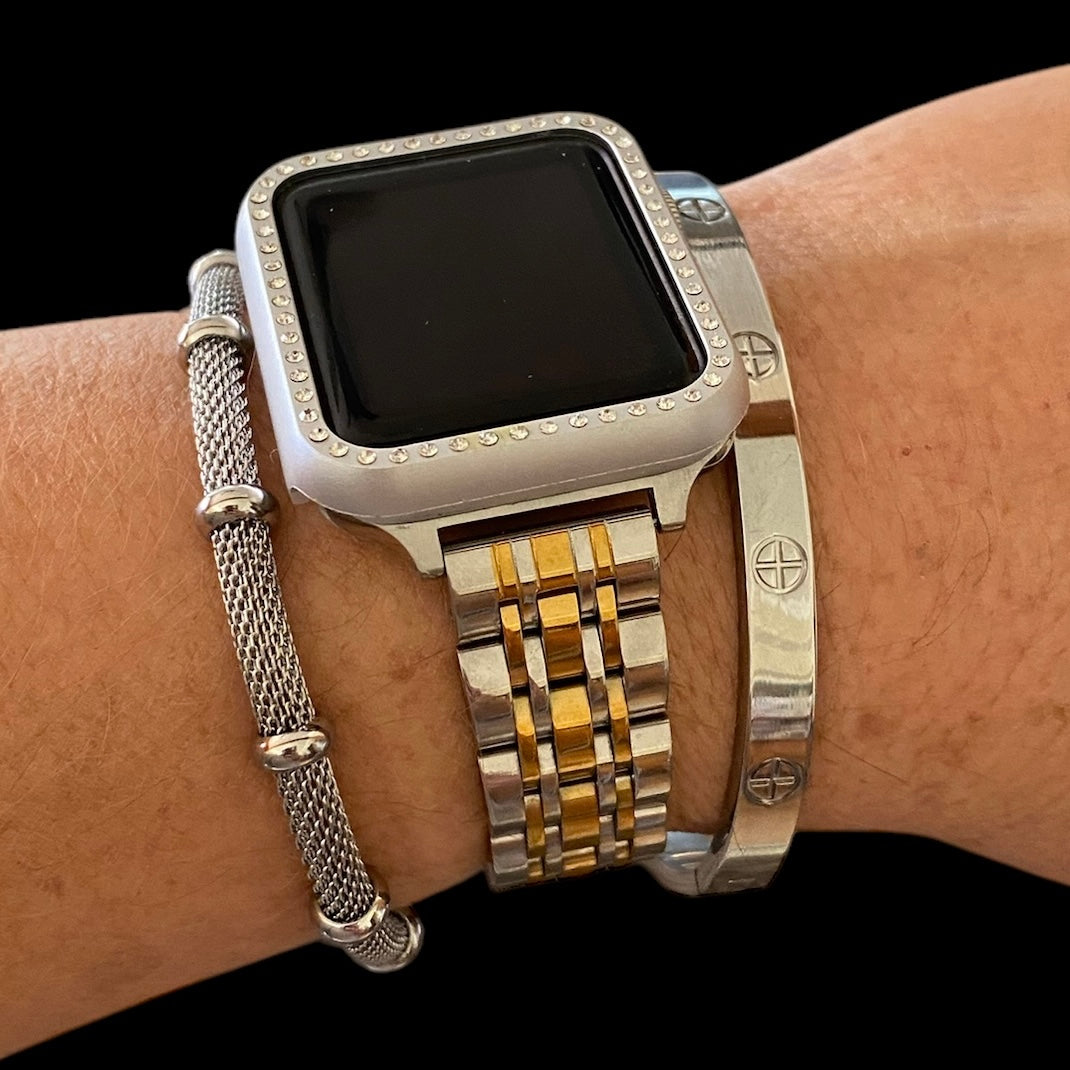 Stackable Silver-Gold Stainless Apple Watch Bands For all Sizes and Series Apple Watches With Silver Bracelets