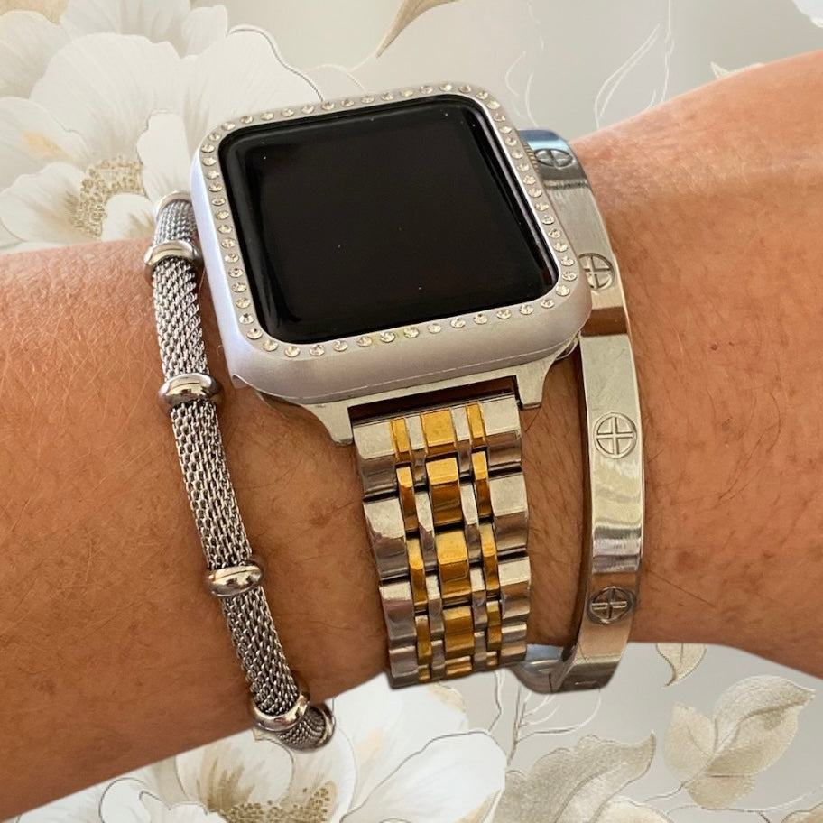 Stackable Silver-Gold Stainless Apple Watch Bands For all Sizes and Series Apple Watches With Silver Bracelets